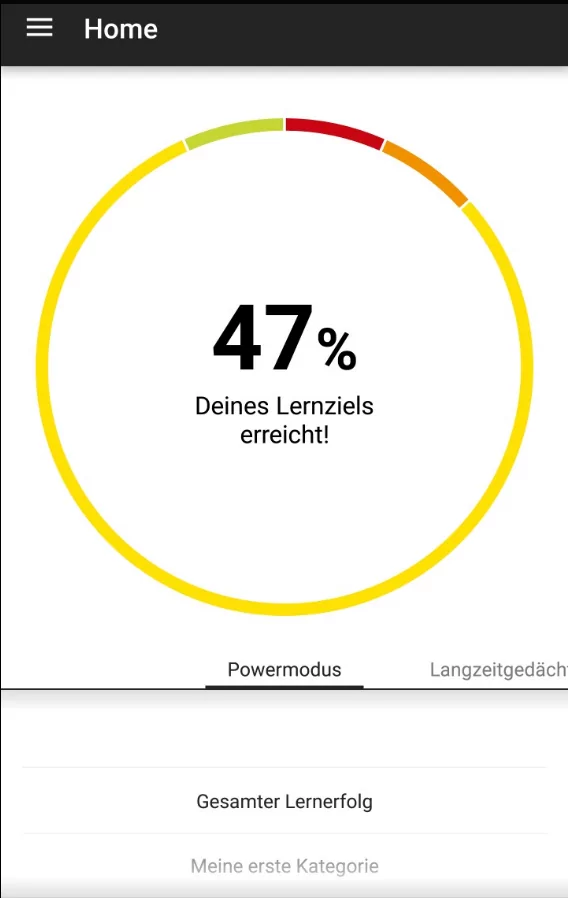 Startbildschirm der Android App mit Lernstatistikanzeige