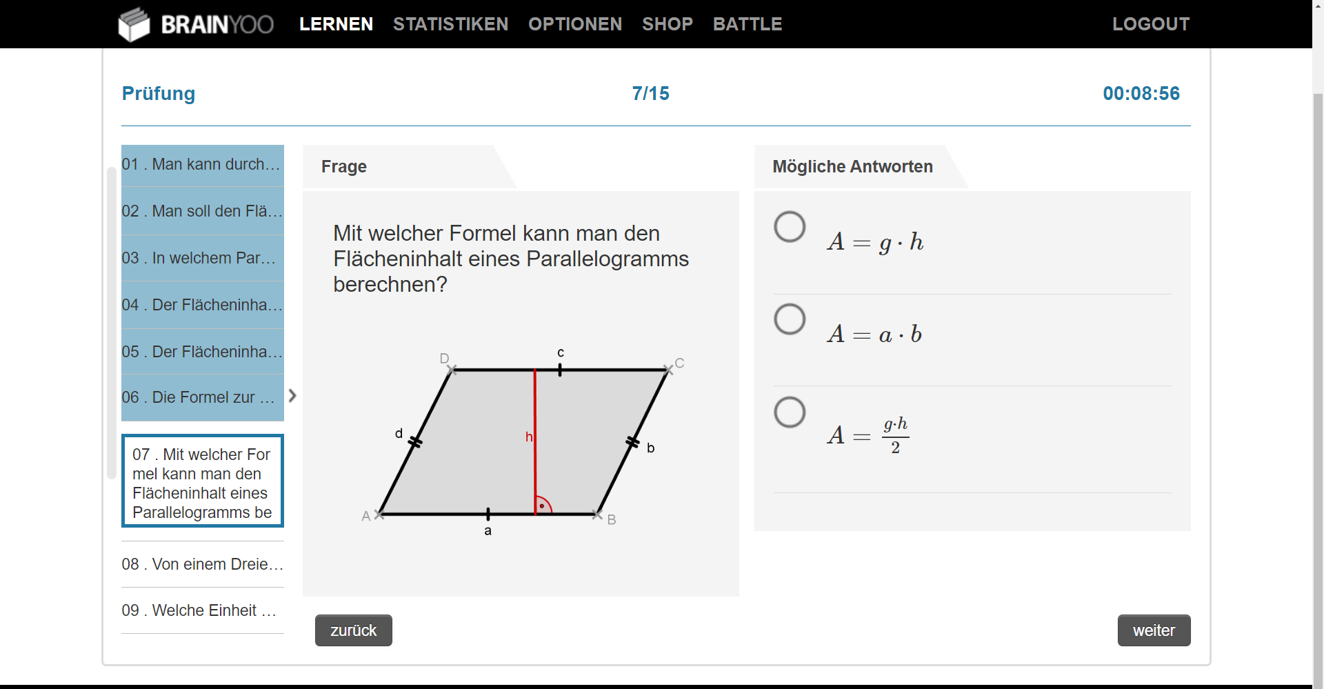 Beispiel einer Matheaufgabe im Prüfungstool von Brainyoo